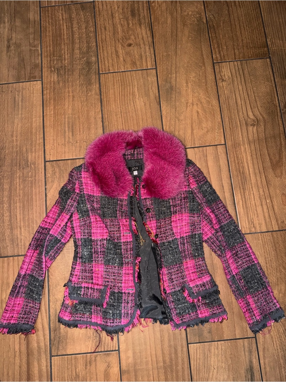 Pink & Black Plaid Tweed Jacket with Faux Fur Collar